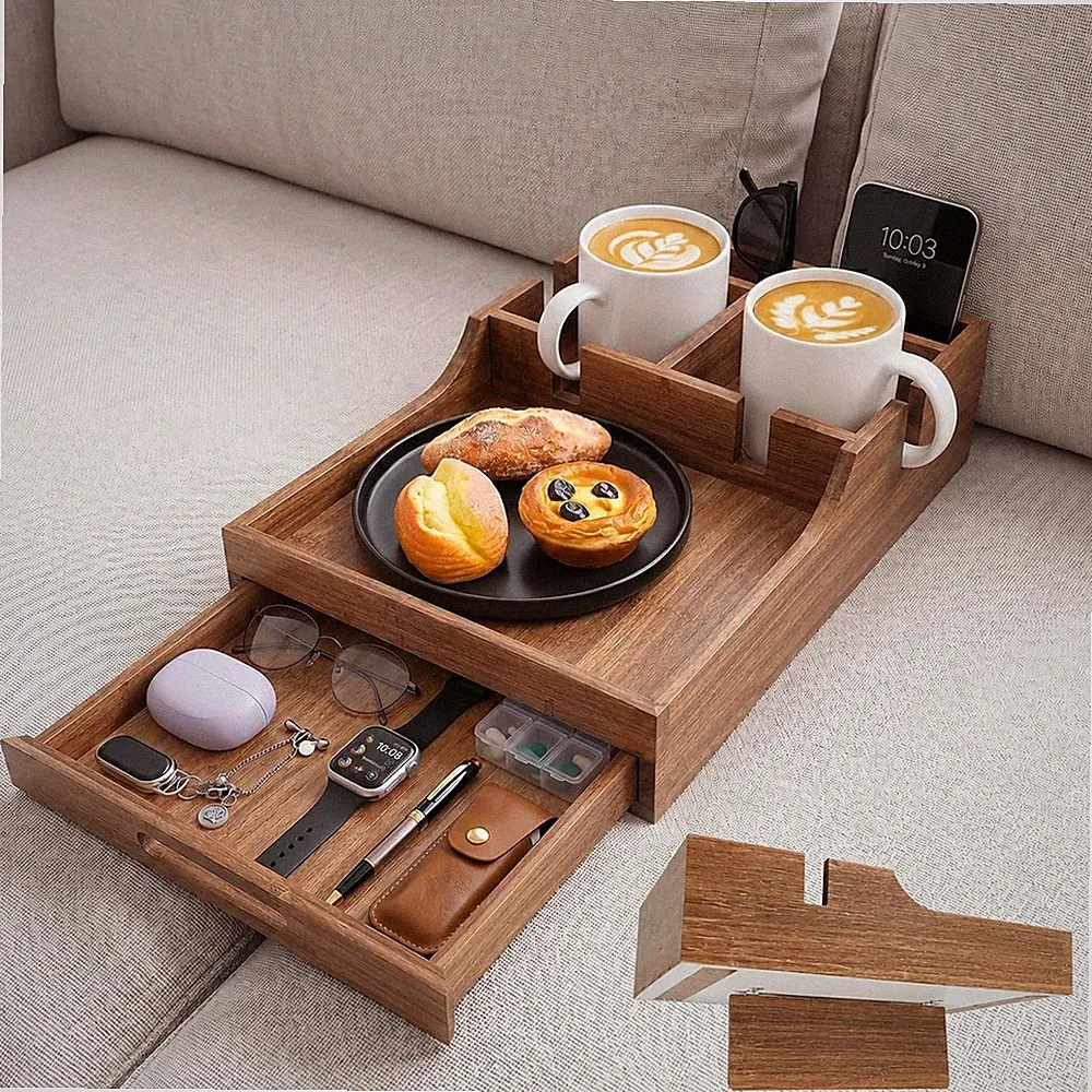 2-in-1 Couch Tray with Cup Holders & Storage Drawer - Sofa Organizer Caddy