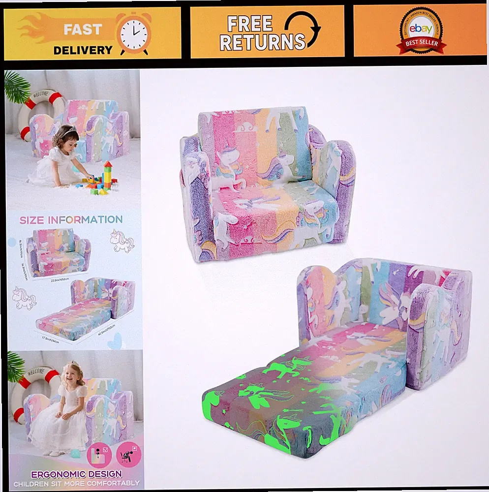 2-in-1 Foldable Kids Sofa Bed - Glow in the Dark Unicorn Toddler Couch for Playr