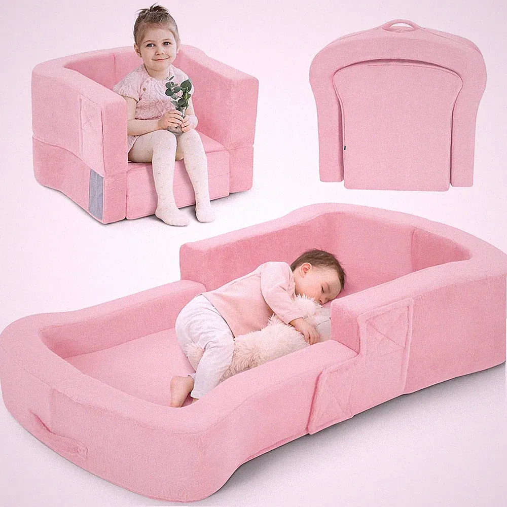 2-in-1 Foldable Portable Toddler Travel Bed Sofa Chair with Washable Covers Cot