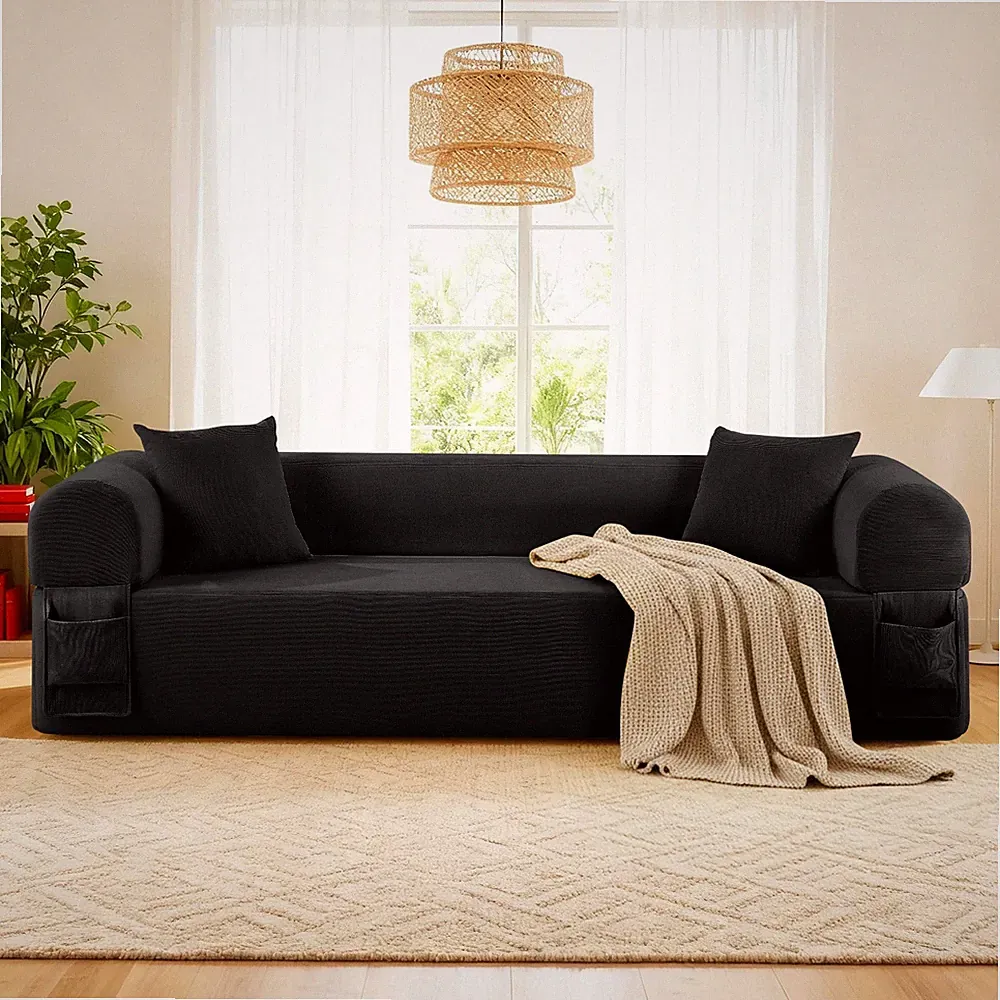 2-in-1 Folding Convertible Sofa Bed,Corduroy Cloud Floor Couch with Side Pocket