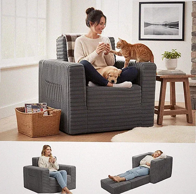 2-in-1 Folding Sofa Bed & Ottoman for Small Spaces, Dark Grey