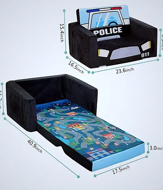 2 In 1 Kids Police Sofas Children's Sofa Bed Upholstered Couch Sleepover Chair