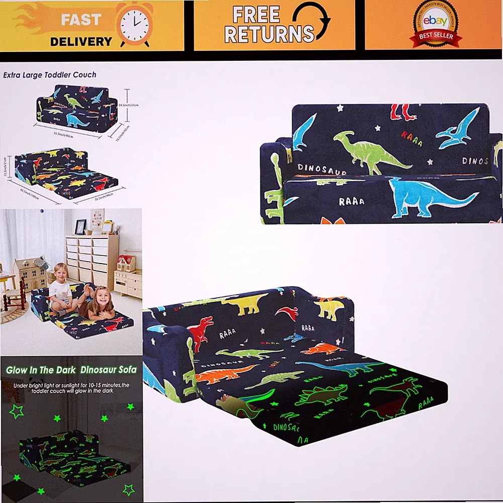 2-in-1 Kids Sofa Bed Glow in Dark Convertible Couch Toddler Furniture for Boys