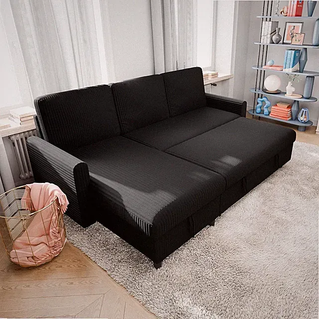 2-in-1 Pull Out Couch Bed with Storage Chaise, Black L-Shaped Sofa