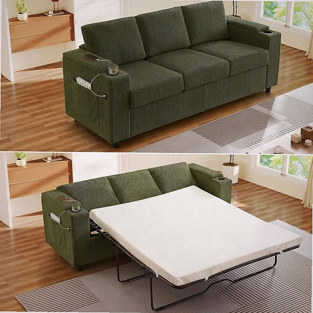 2 in 1 Queen Size Pull Out Sofa Bed Corduroy Sleeper Couch Storage Arms USB Port