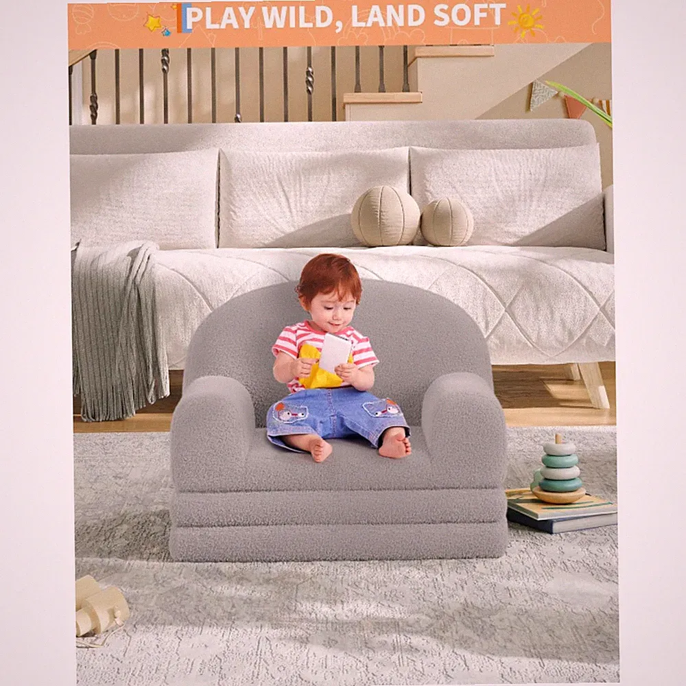 2-in-1 Toddler Chair Bed – Soft Sherpa Fold-Out Kids Couch Sofa Bed for Nursery