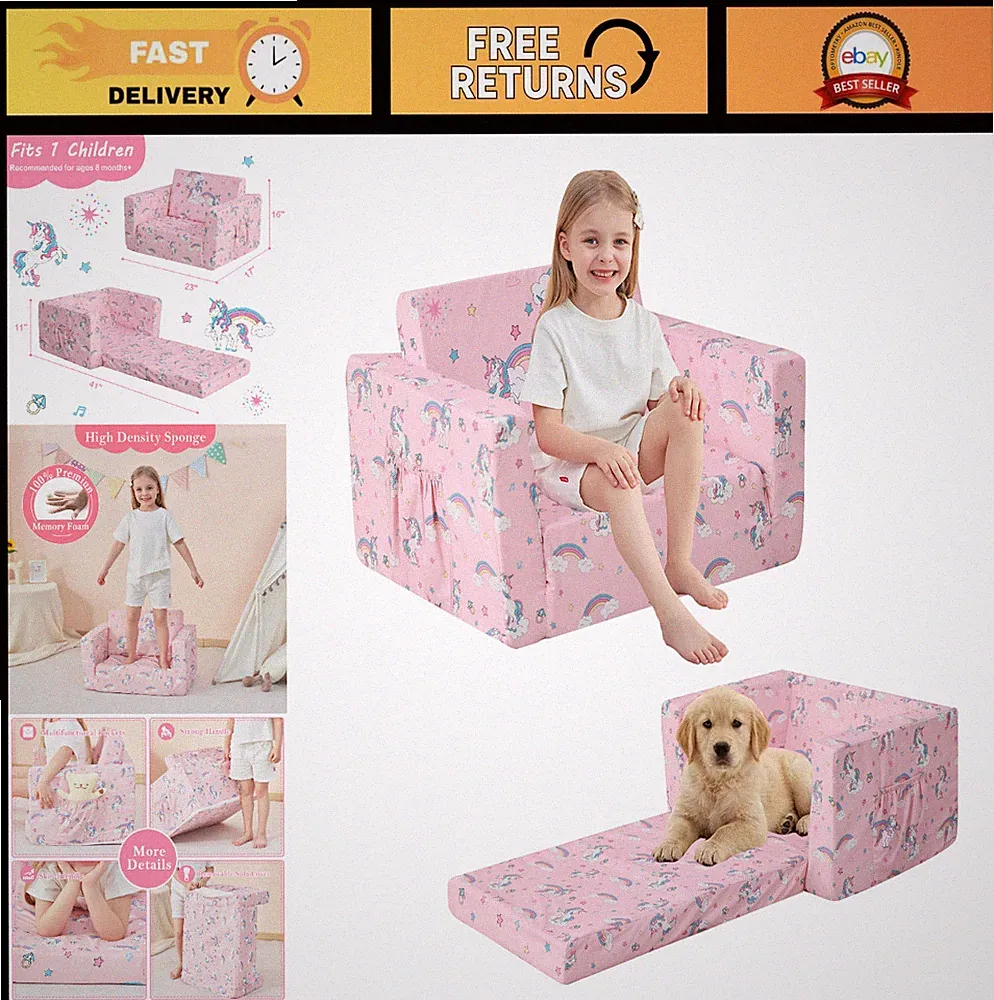 2-in-1 Toddler Couch Bed, Soft Convertible Kids Sofa, Comfy Chair for Playroom