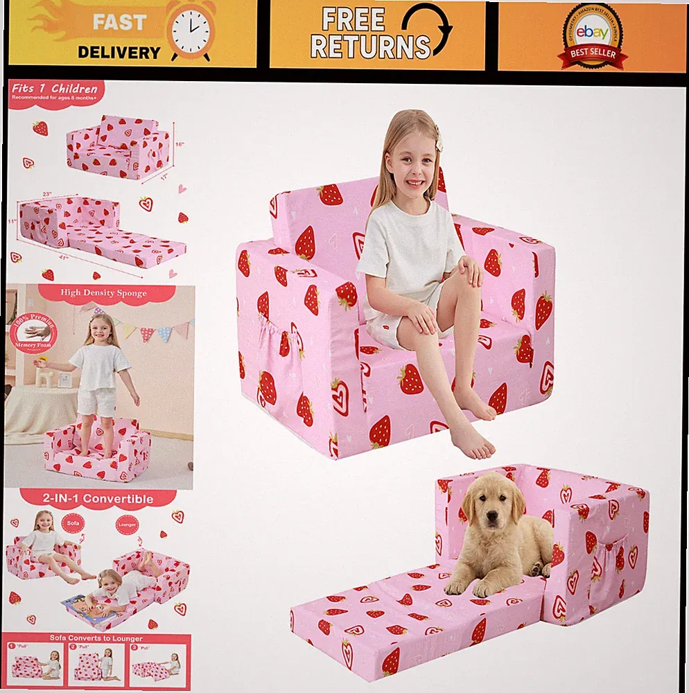 2-in-1 Toddler Couch Bed, Soft Convertible Kids Sofa for Playroom, Comfy Chair