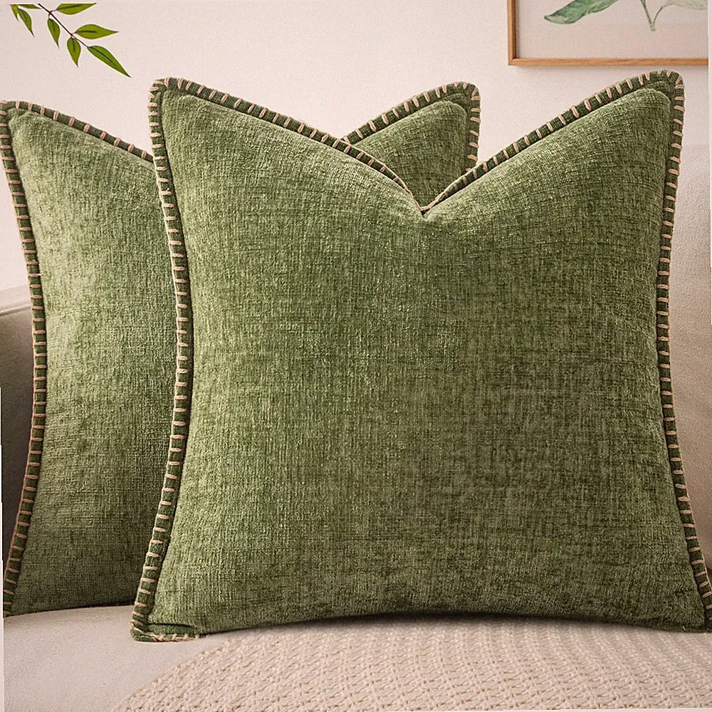 2-Pack 18x18 Sage Green Chenille Pillow Covers Farmhouse Decorative Sofa Bed