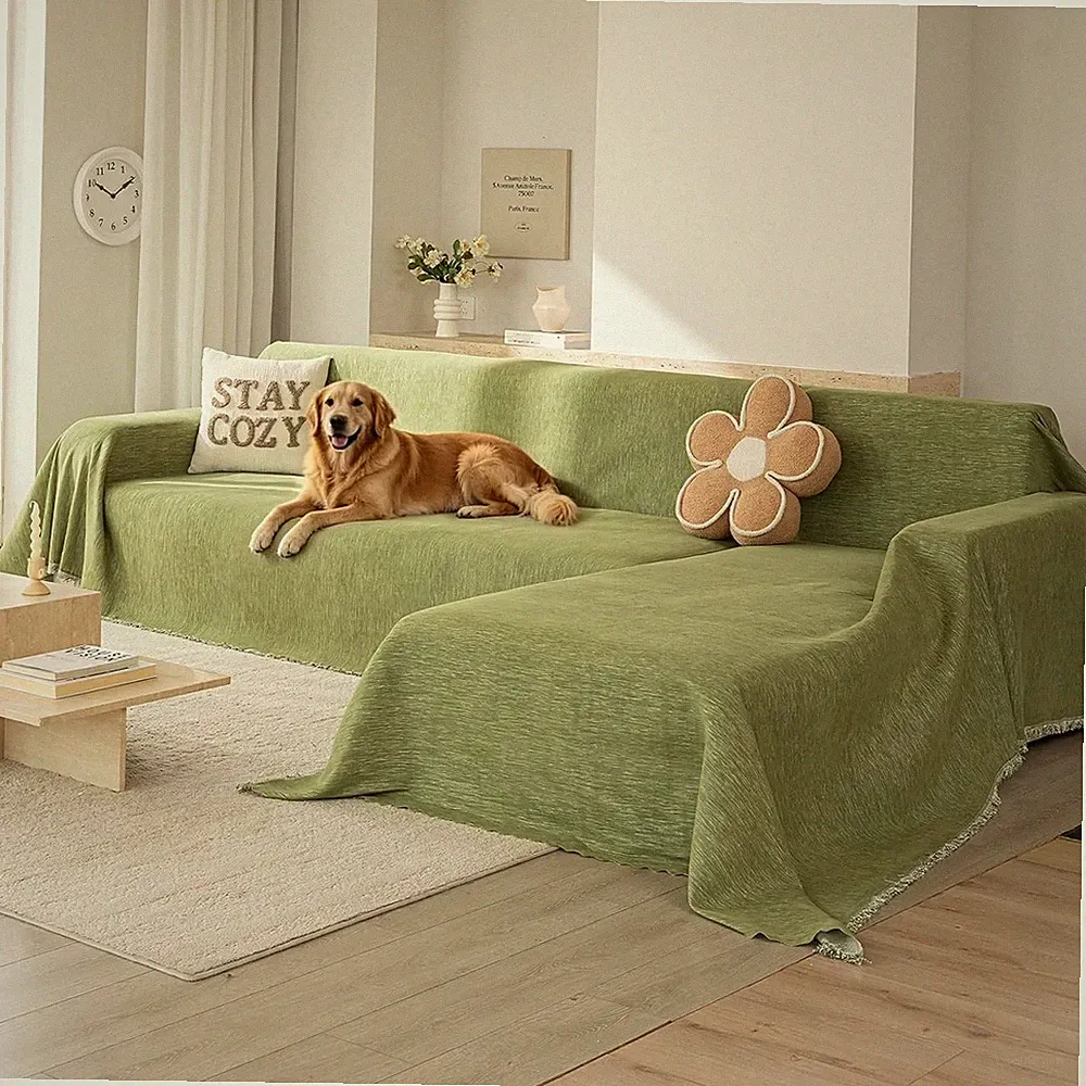 2 Pc L Shaped Sectional Couch Covers XX-Large | Green Chenille Sofa Slipcover