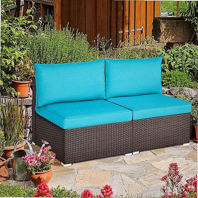 2 Pc Wicker Sectional Armless Chairs, Outdoor Rattan Sectional Sofa Set W/Cushio