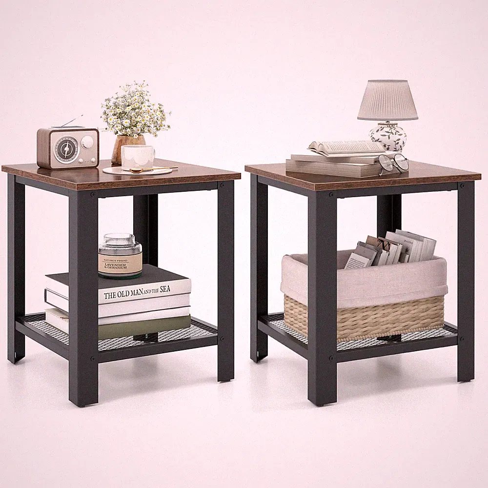 2 PCS 2-Tier End Table Side Table Night Stand Industrial Sofa Bed Table Black