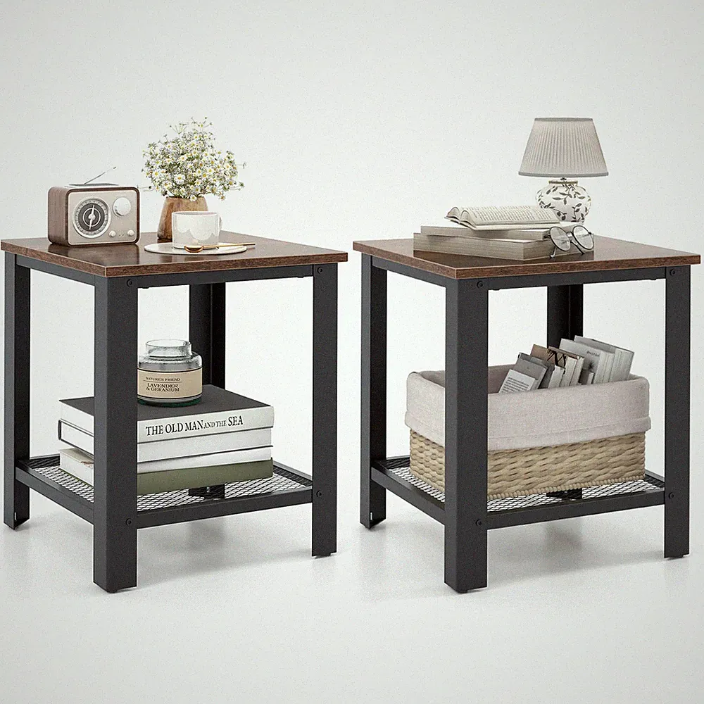 2 PCS 2-Tier End Table Side Table Night Stand Industrial Sofa Bed Table Black