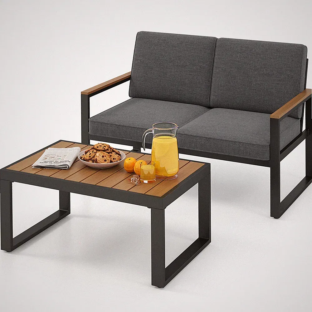 2 PCS Patio Aluminum Furniture Set Cushioned Sectional Sofa with Coffee Table