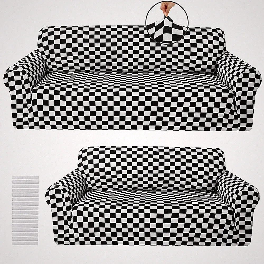 2 Pcs Sofa Cove Set Black White Checkerboard Slipcover Milk Silk Spandex Couc...