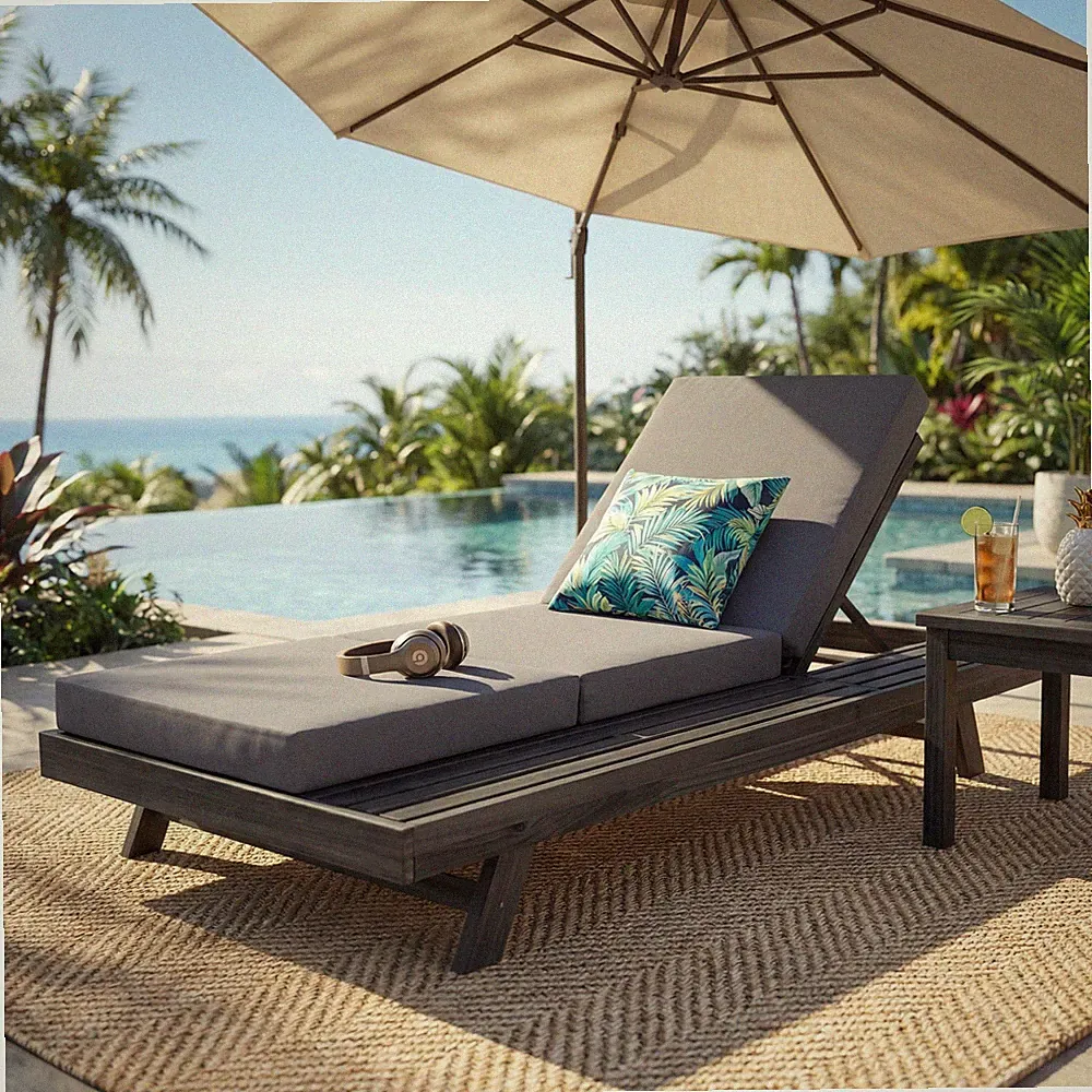2-Piece Acacia Wood Chaise Lounge Set w/ Adjustable Backrest & Cushion