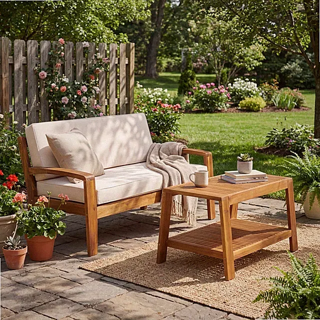 2-Piece Acacia Wood Loveseat & Coffee Table Set with Beige Cushions