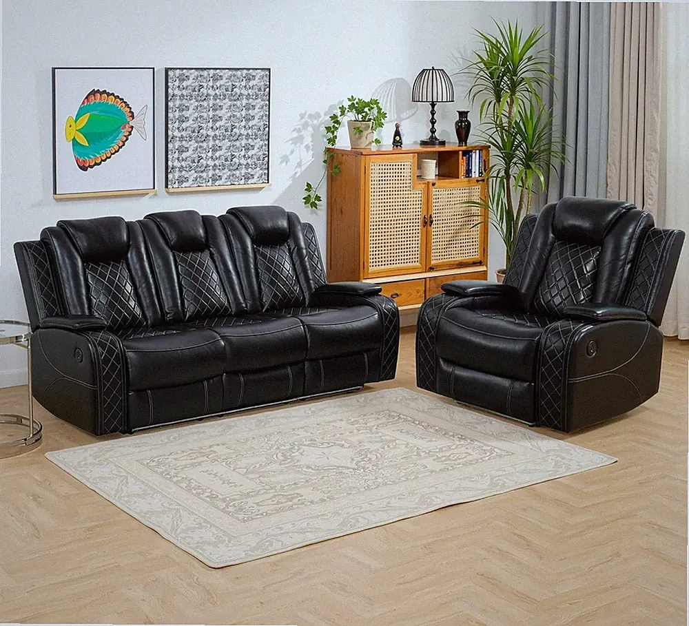 2 Piece Breathing Leather Living Room Furnitue Set 3 Seater Recliner Sofa and Ch