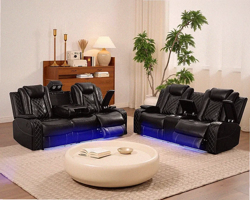 2 Piece Breathing Leather Living Room Set Power Recliner Sofa and Loveseat Set H