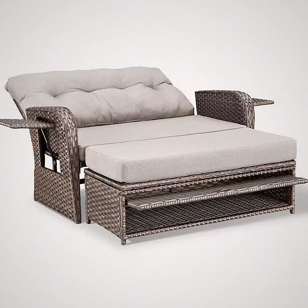 2-Piece Brown Wicker Outdoor Sofa Day Bed Loveseat and Ottoman with Cushionguard