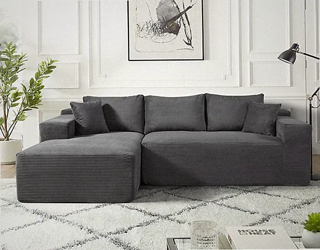 2-Piece Convertible Corduroy L-Shaped Sofa in a Box with Pillows, 3-Seater Modul