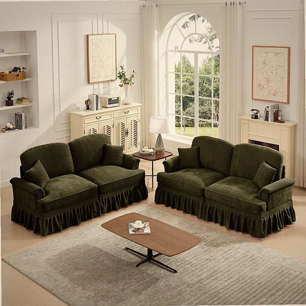 2-Piece Couch Set Sofa Loveseat Green Chenille Removable Ruffles