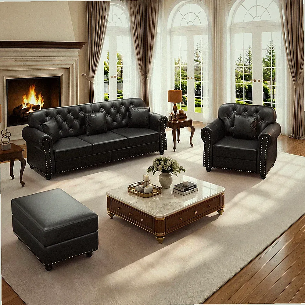 2-Piece Faux Leather Chesterfield Sofa Living Room Set with Ottoman, Black