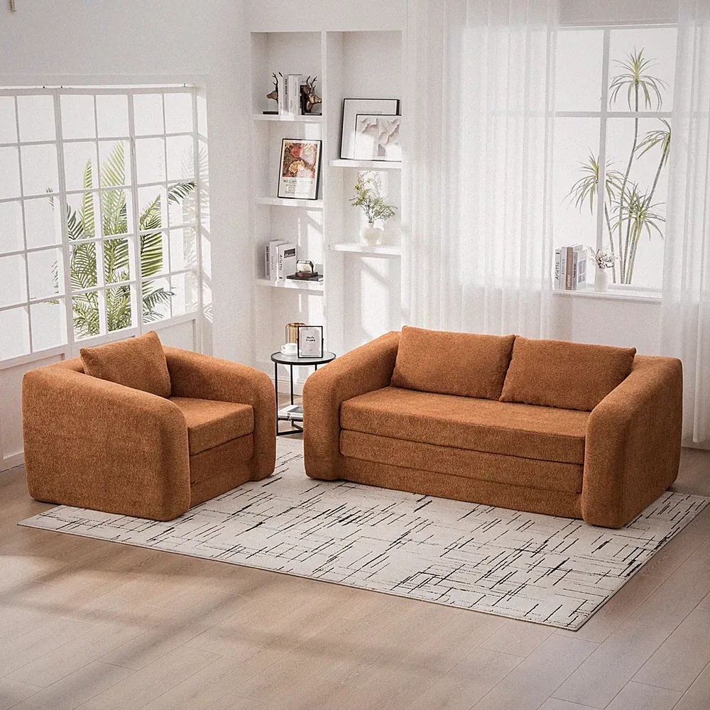 2-Piece Foldable Sofa Bed Chenille Convertible Couch Set with Pillow, Orange