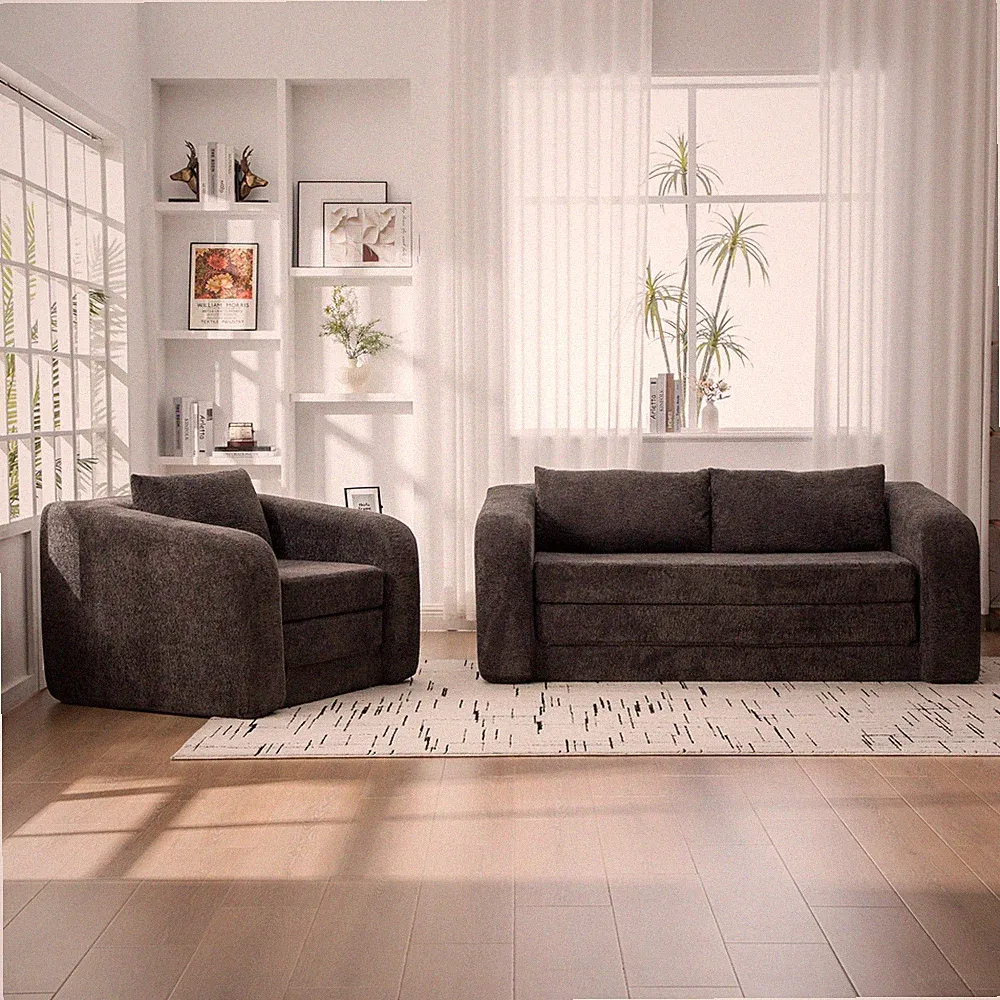 2-Piece Foldable Sofa Bed Chenille Couch Set with Pillows, Gray
