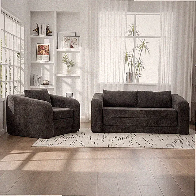 2-Piece Foldable Sofa Bed Living Room Couch Set,Convertible Chenille Boneless C
