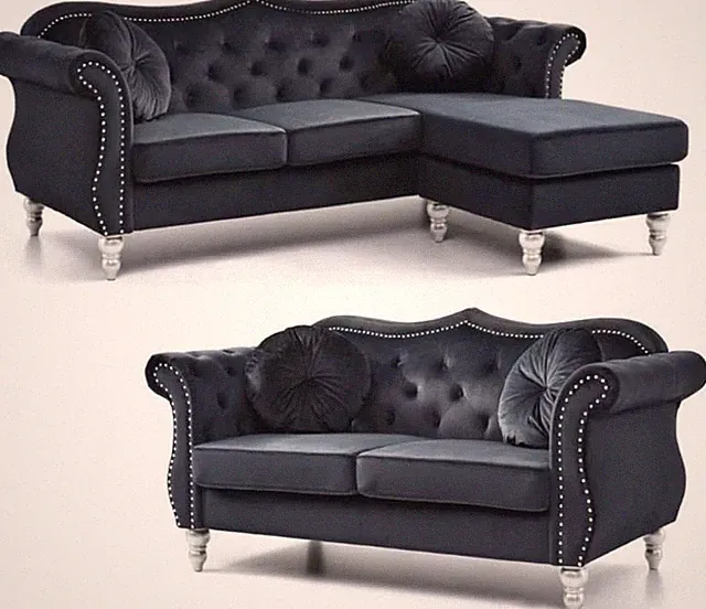 2-Piece Furniture Set with Sofa Chaise and Loveseat in Black