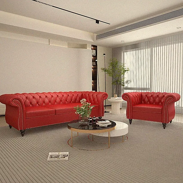 2 Piece Living Room Set, Sectional Chesterfield Sofa Chair Contemporary Upholste