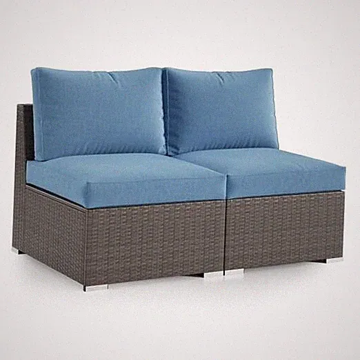 2 Piece Patio Armless Sofa, Outdoor Wicker Sectional Furniture Loveseat Blue