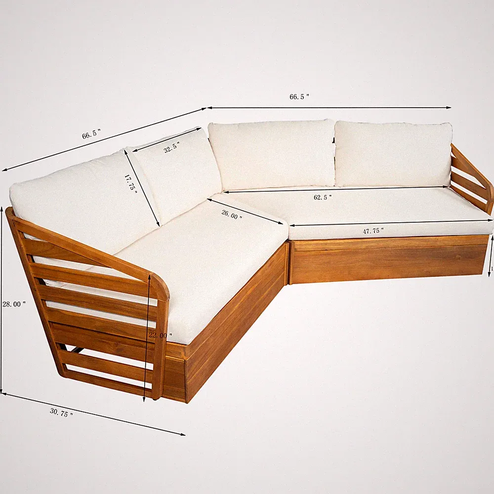 2-Piece Patio Sectional Sofa Set Solid Acacia Wood and Cushions Teak Beige
