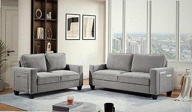 2 Piece Set Gray Boucle Loveseat Sofa USB Port Side Pockets Modern Small Couch