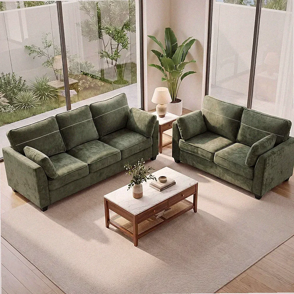 2-Piece Sofa Set, 65.4" Loveseat + 89" 3-Seater Couch, Green