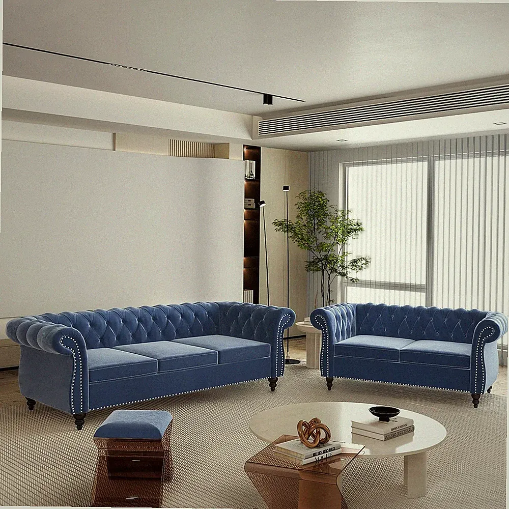 2-Piece Velvet Chesterfield Blue Sectional Sofa Set, Upholstered Sofa Modern Cou