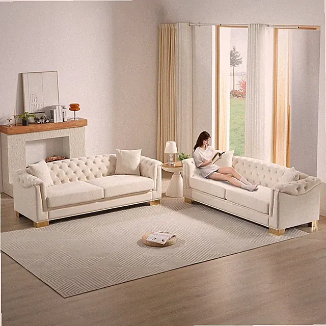 2 Pieces Chesterfield 3-Seater Velvet Combination Sofa Sets, 4 Cushion Classic 6
