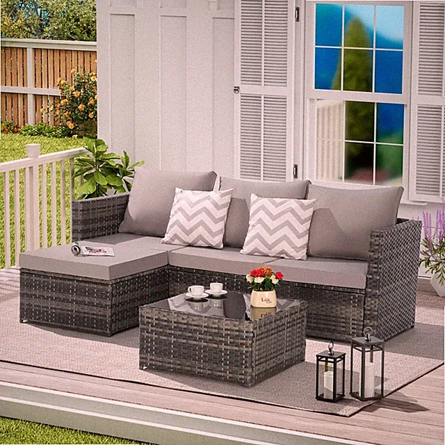 2 Pieces L- Shaped Patio Furniture Set with Ottoman, Detachable Lounger Table