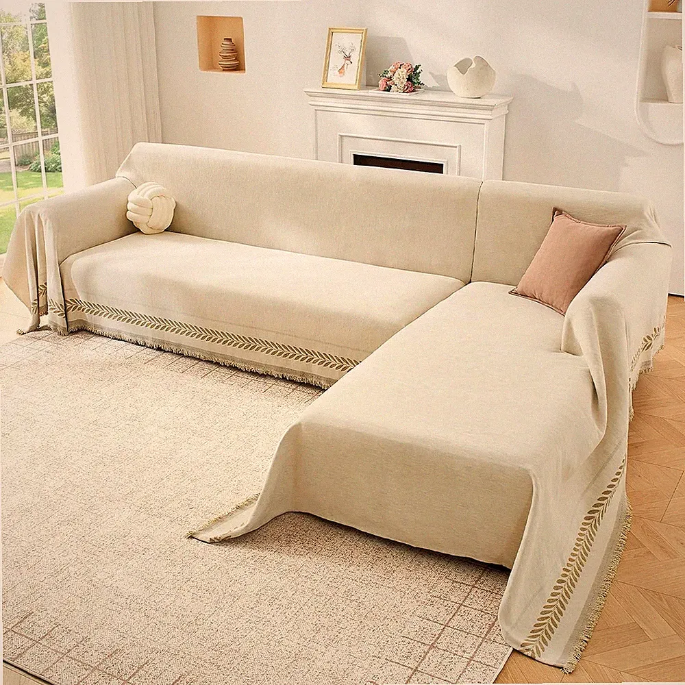2 Pieces L Shaped Sectional Couch Cover Wheat Pattern XL Khaki
