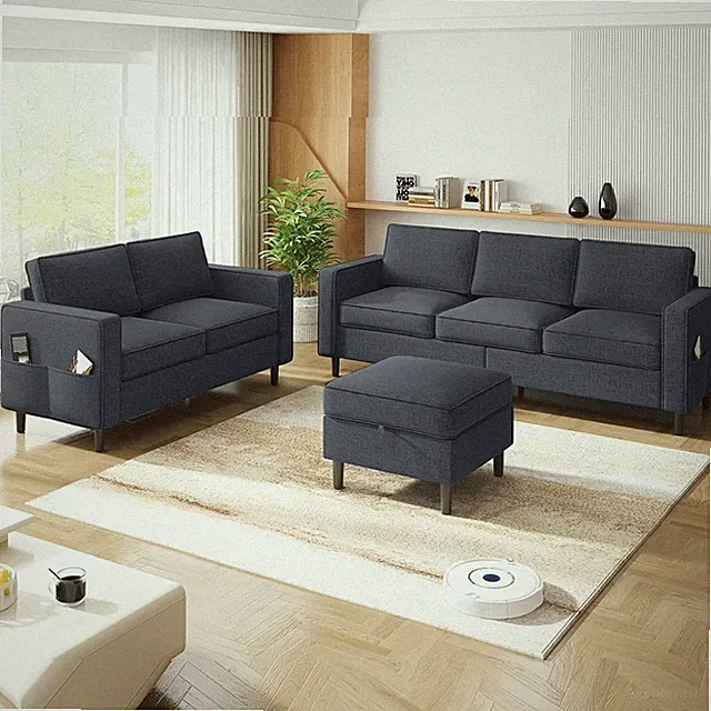 2 Pieces Sofa Sets for Living Room-L Shaped Sofa and Love Seat, Linen Fabric 3 S