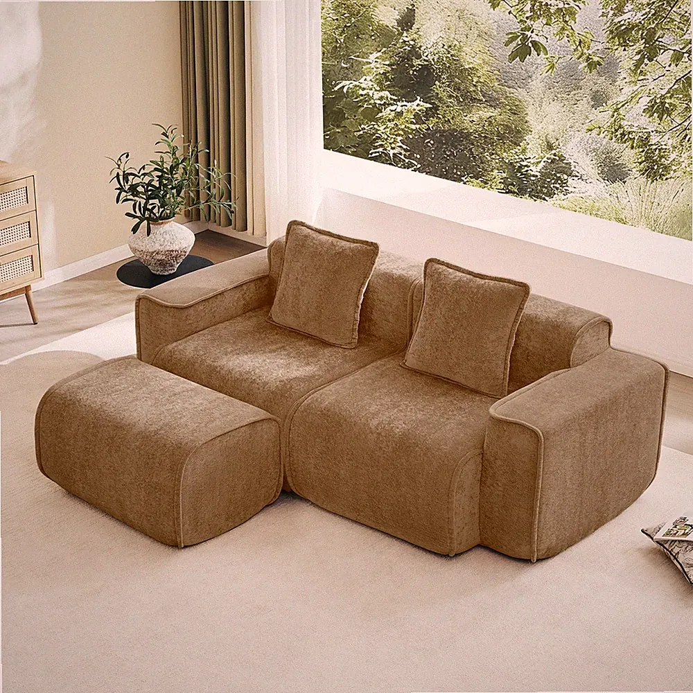 2 Seat Brown Velvet Modular Sectional Sofa w/Ottoman & French Piping