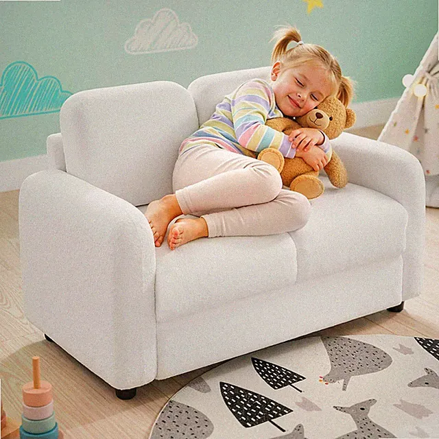 2-Seat Kids Sofa Toddler Sofa Couch w/ Soft Teddy Fleece Upholstery White