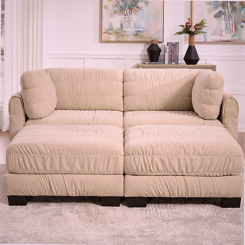 2 Seat L-Shape Modular Sectional Sofa, Chenille, Camel, Movable Ottomans