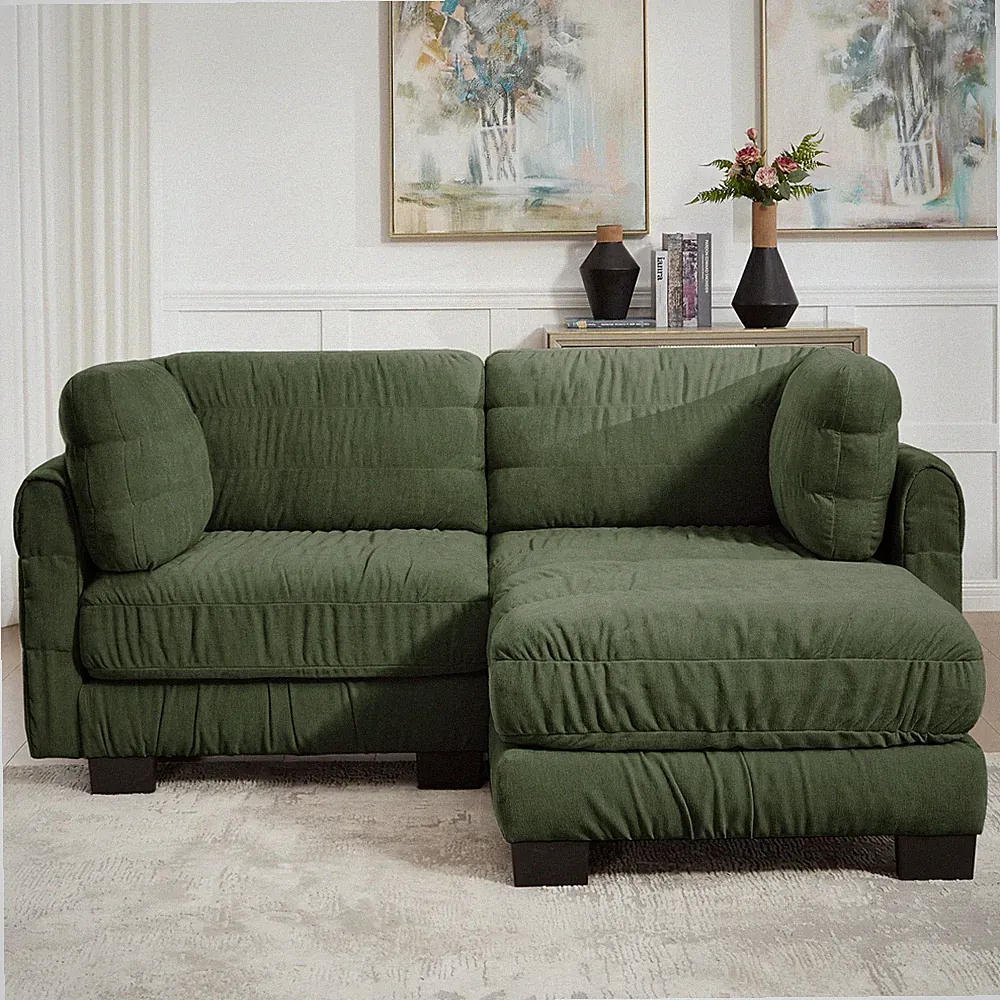 2 Seat L-Shape Sectional Sofa with Ottoman, Green Chenille, 78.7"L