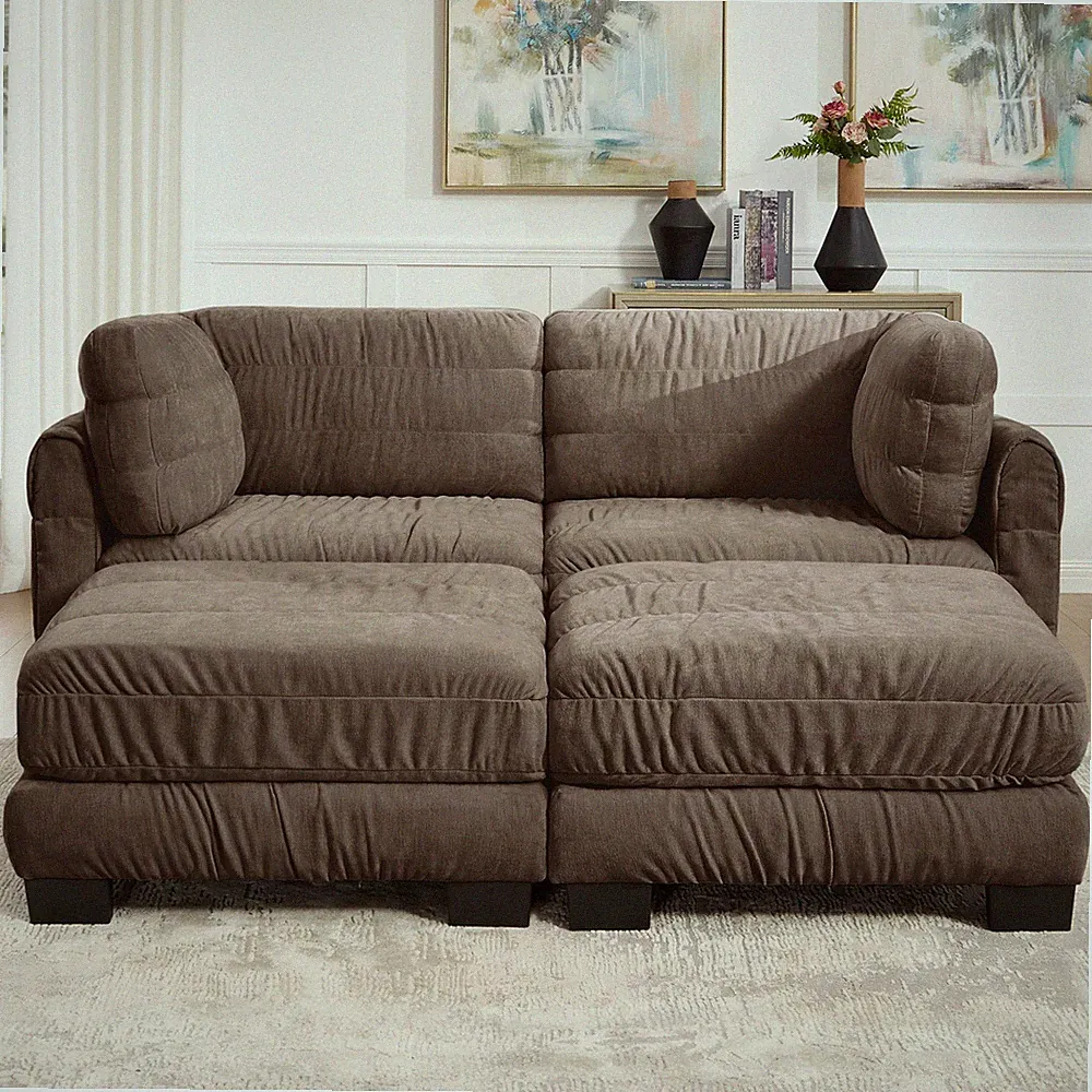 2 Seat L-Shape Sectional Sofa with Ottomans, Brown Chenille, Ruched Detailing