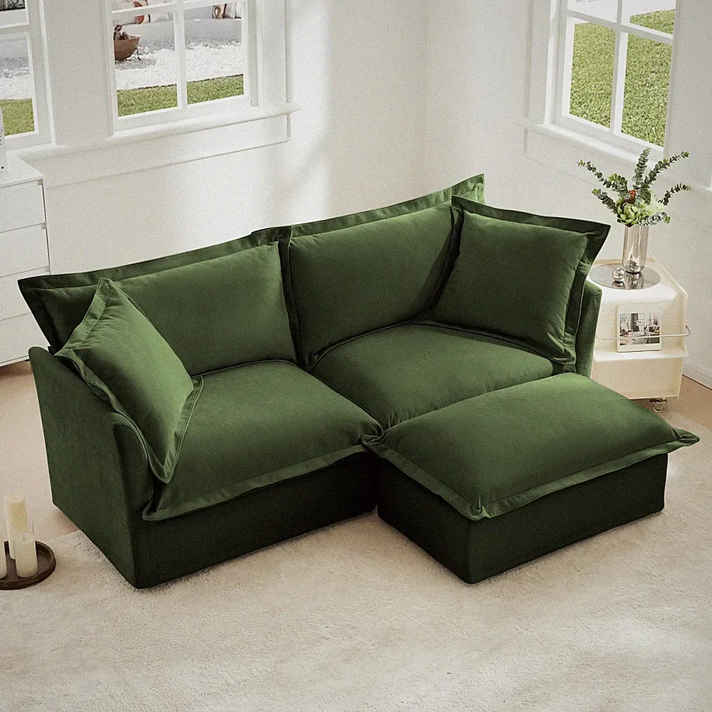 2-Seat L-Shaped Chenille Sectional Sofa w/ Ottoman, Removable Cover