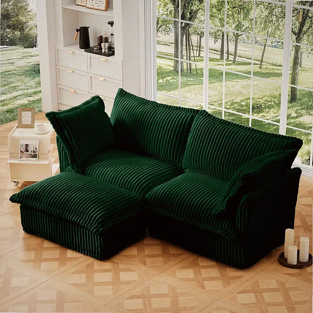 2-Seat L-Shaped Sectional Sofa with Ottoman, Green Corduroy Fabric