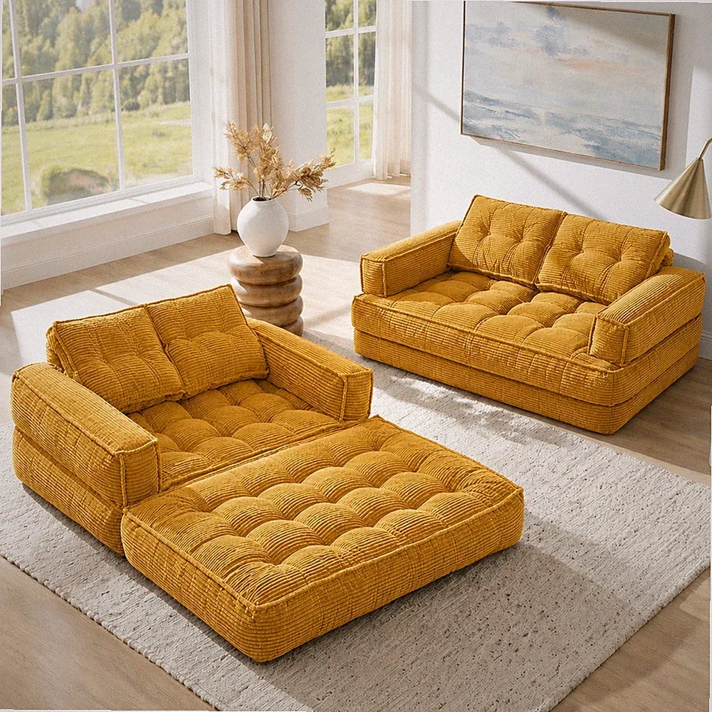 2-Seat Modular Corduroy Sofa Bed Convertible Floor Couch w/ Armrest No Assembly