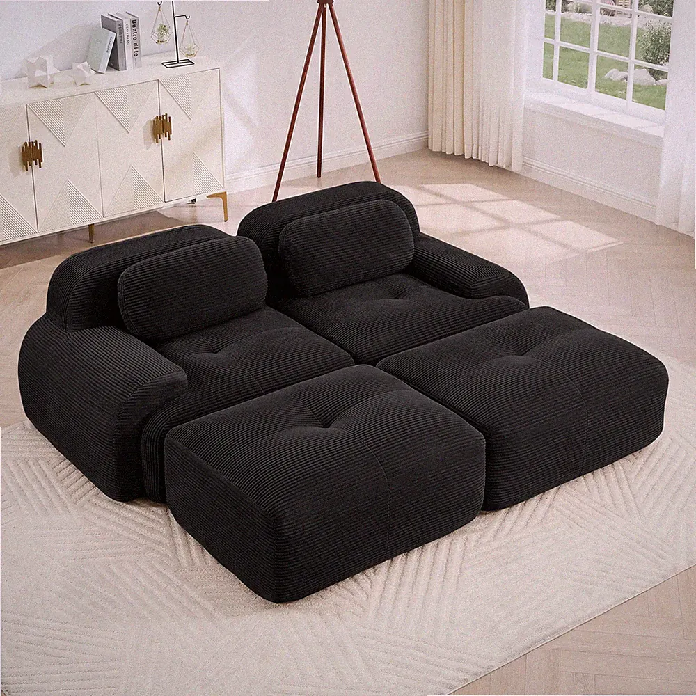 2-Seat Modular Sectional Sofa Corduroy with Curved Armrests Black